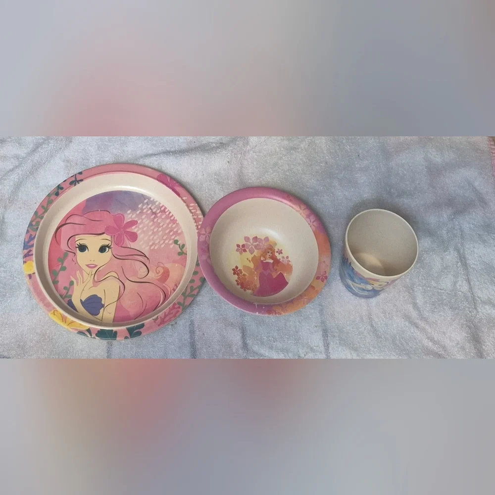 Disney Princess Kids Bamboo Dish Set Plate Bowl Cup Ariel Cinderella Toddler